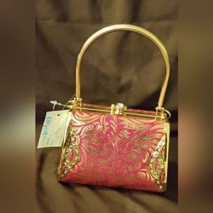 Red and Gold small 4x5 inch purse w/ gold chain shoulder strap that's 48 inches.